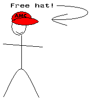 A stick figure wearing a hat. Caption: 'Free hat!'
