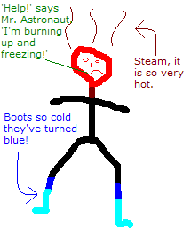 A stick-figure astronaut with blue feet and a red head (and red stream rising). '"Help!" says Mr. Astronaut. "I'm burning up and freezing!"'