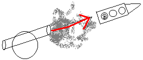 A crappy stick diagram of a spaceship being fired from a cannon.